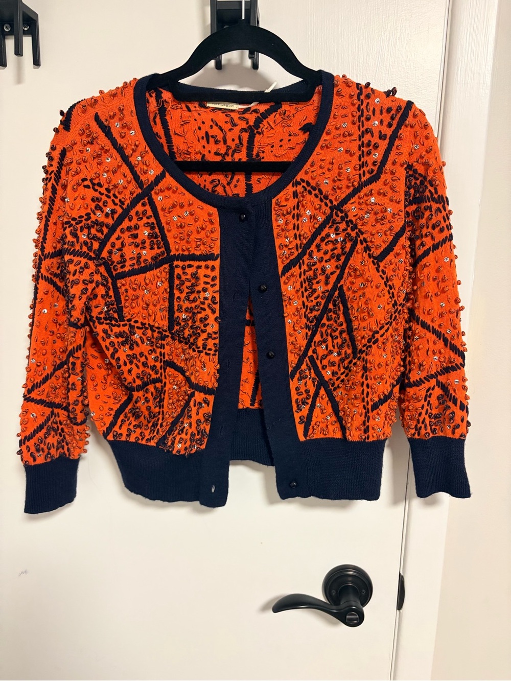 Max Studio Orange and Navy Beaded Cardigan Sweater